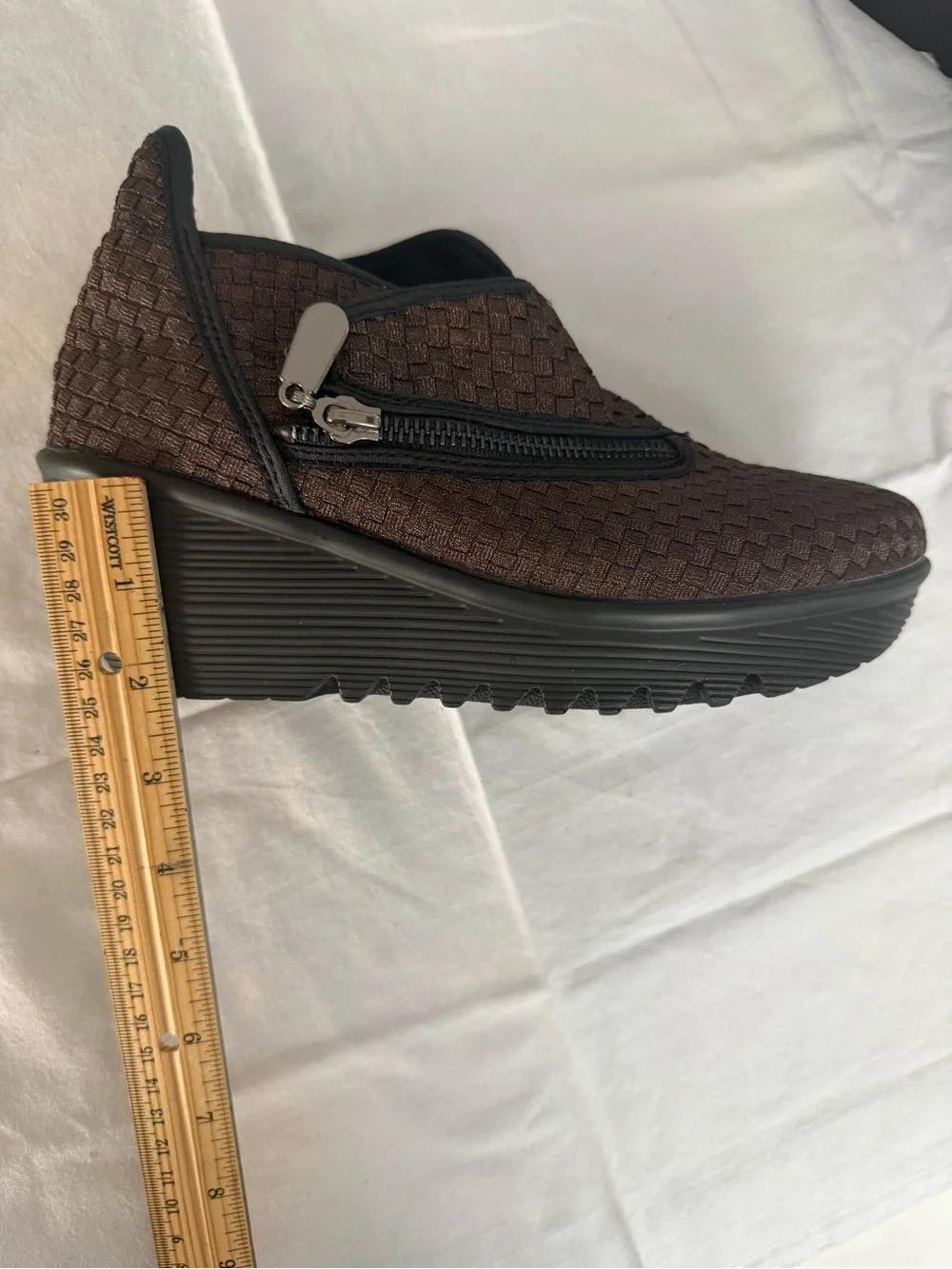 bernie mev. Brown Woven Zip Wedge Shoes